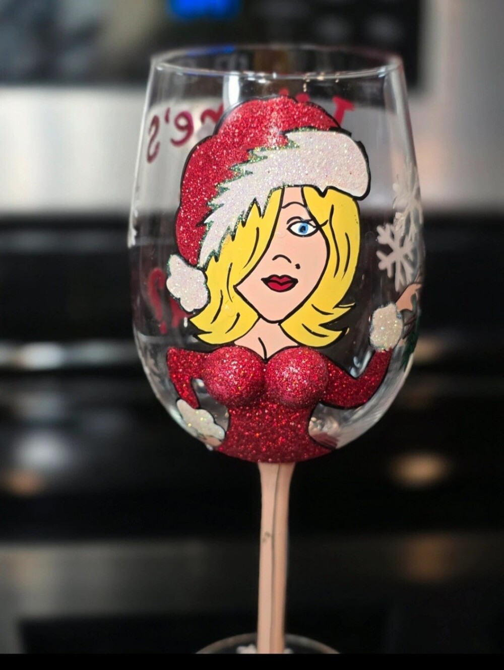 Glittery Santa Girl Hand-Painted Wine Glass - Red & Blonde
